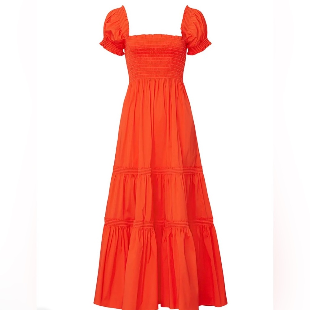 Tory Burch Orange Smocked Maxi Dress Puff Sleeve Tiered Cotton Summer Dress | S